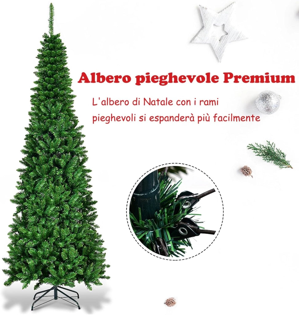 Albero di Natale 135/200/225 cm, Albero di Natale Slim con 150/250/350 Luci a LED Calde, 226/708/1085 Rami Folti e Base di Metallo, Albero di Natale con Luci Incorporate per Festa (200 cm)