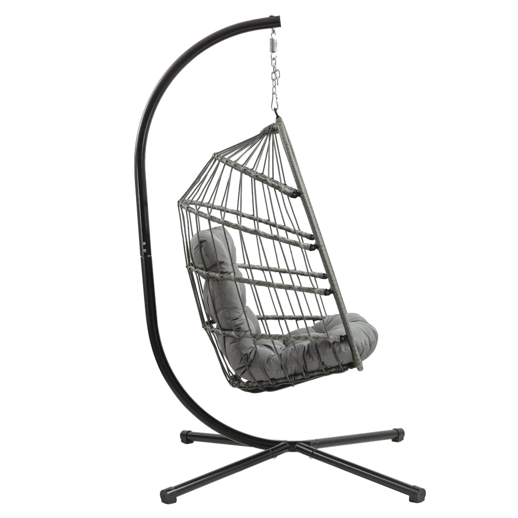 Poltrona Uovo Sospesa Rattan Grigio Altalena Giardino con Cuscino