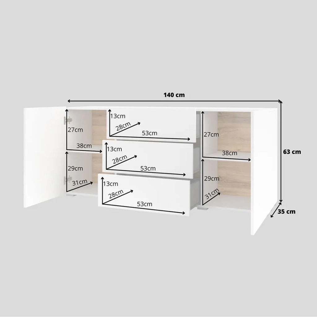 Set di 4 mobili da soggiorno collezione EVA. Colore bianco e rovere.