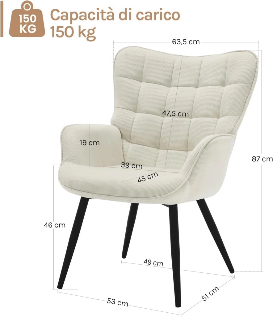 Poltrona Relax ad Ala, Poltrona Salotto Braccioli Alti, Sedia Poltrona per Camera da Letto, Soggiorno, Sedile in Velluto a Coste, Gambe in Metallo, Motivi a Quadri, Grigio Scuro, SKS31dgr