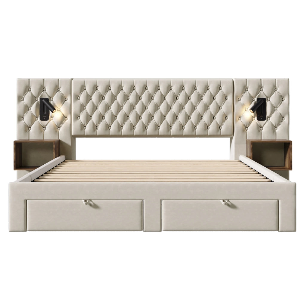 Letto matrimoniale imbottito 180x200 cm con comodini, cassetti e luci LED