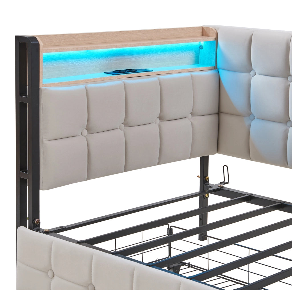 Divano letto imbottito ULEVR 90x200 cm con 2 cassetti, LED, USB e Type-C, beige