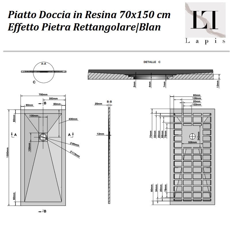 Piatto Doccia in Resina 70x150 cm Bianco Effetto Pietra Rettango