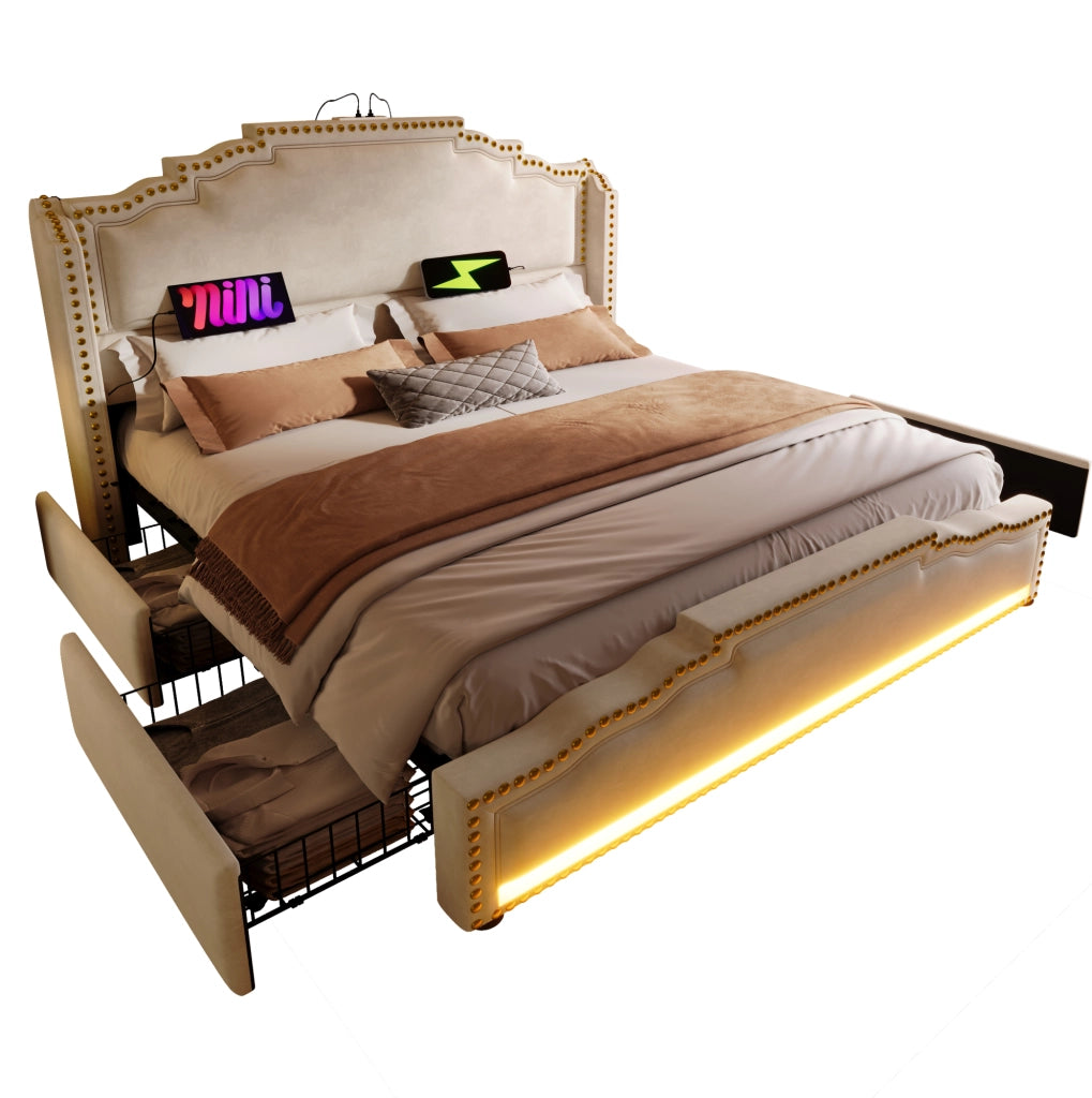 Letto 140x200 cm con 4 cassetti, LED, USB e USB-C in velluto beige