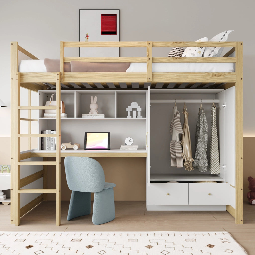 Letto a soppalco 90x200 cm in legno naturale con scrivania; armadio e cassetti