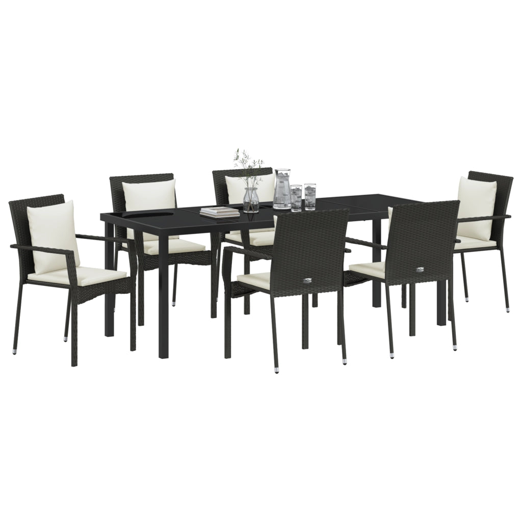 Set da Pranzo da Giardino 7 Pezzi con Cuscini Nero Polyrattan