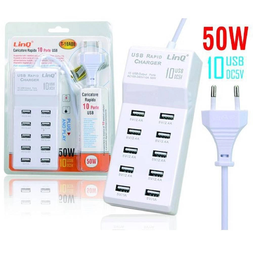 Trade Shop - Multipresa Caricatore Rapido 50 Watt A 10 Porte Usb Dc5v T-10a08 Per Smartphone -
