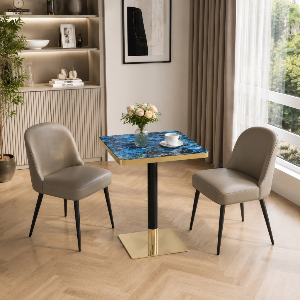 Tavolo da pranzo quadrato in MDF effetto marmo con struttura in metallo, per 2-4 persone, blu, 60 × 60 × 74 cm