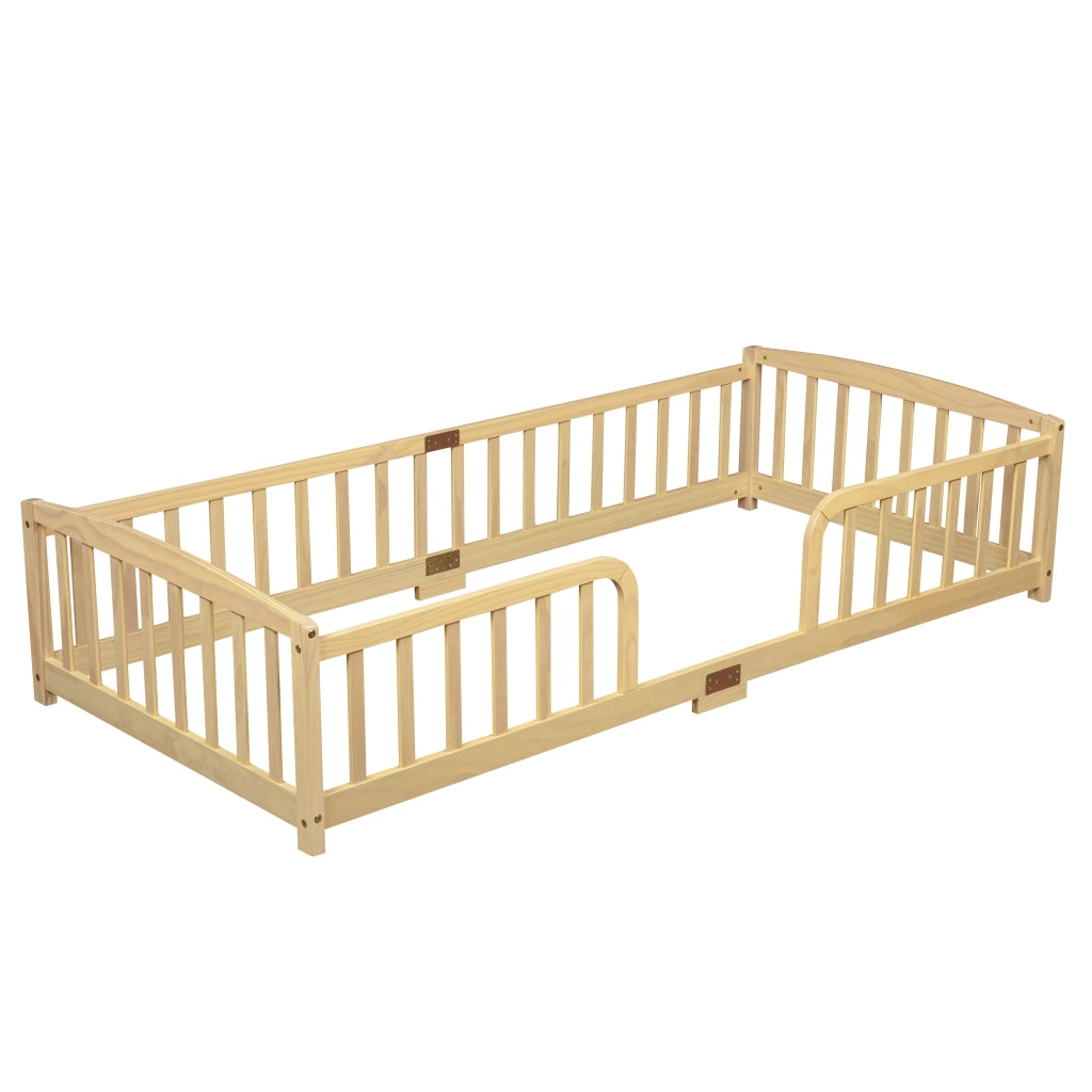 Lettino per bambini 90 x 200 cm, con spondine di sicurezza, senza piastra di base, colore del legno grezzo
