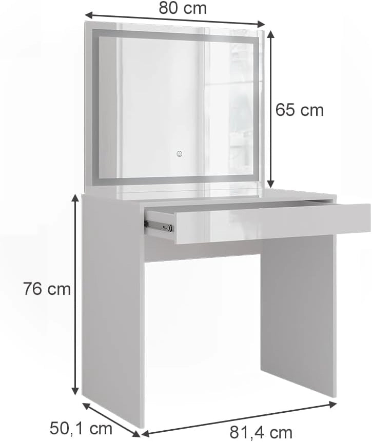 Tavolo da toeletta Sherry, Bianco/bianco lucido, 81.4 cm con specchio LED, per l'organizzazione di cosmetici e prodotti per la cura personale