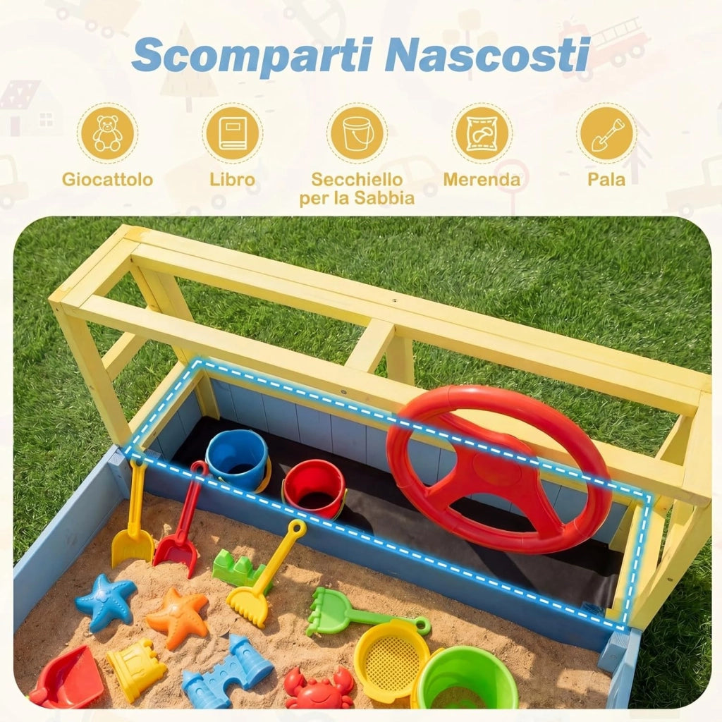Sabbiera per Bambini in Legno, Gioco da Spiaggia a Forma di Autopompa con Panca, Volante Orientabile e Rivestimento, Sabbiera da Esterno per Giardino Cortile, 18+ Mesi