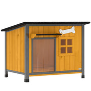Cuccia per Cani da Esterno in Legno e Acciaio Anti-Morso, Tetto Apribile e Tenda per Porta, Giallo