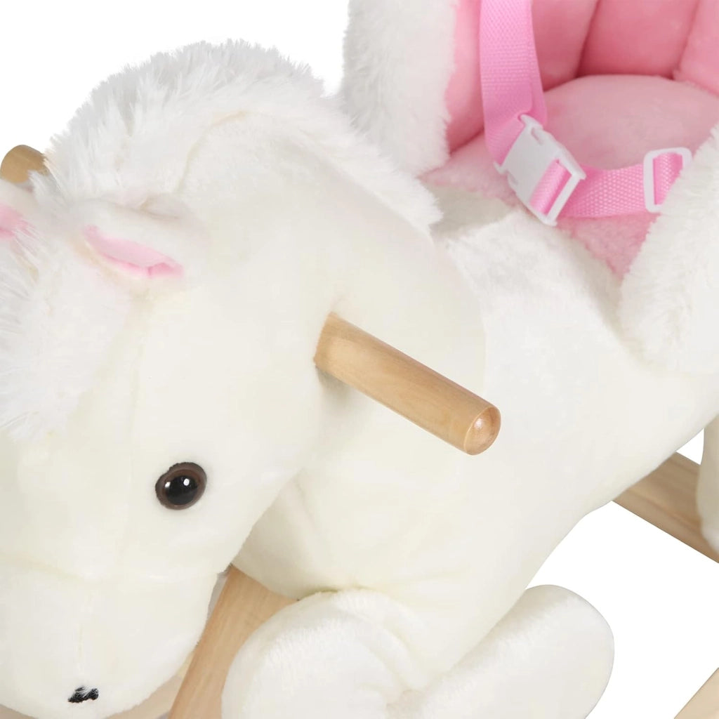 Cavallo a Dondolo in Legno Cavalluccio per Bambini Peluche Giocattolo Cavalcabile con Suoni e Cintura di Sicurezza Regalo Bimbi 1/2/3 Anni, Bianco e Rosa