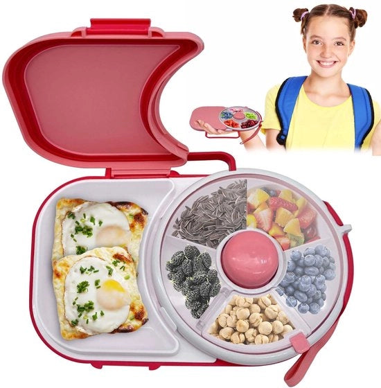 Snack Spinner multifunzionale con contenitore, snackbox rotativa con coperchio, contenitore portatile per snack con 5 compartimenti, organizzatore di snack rotondo con melone, BPA-free per un party all'aperto per famiglie (rosa)