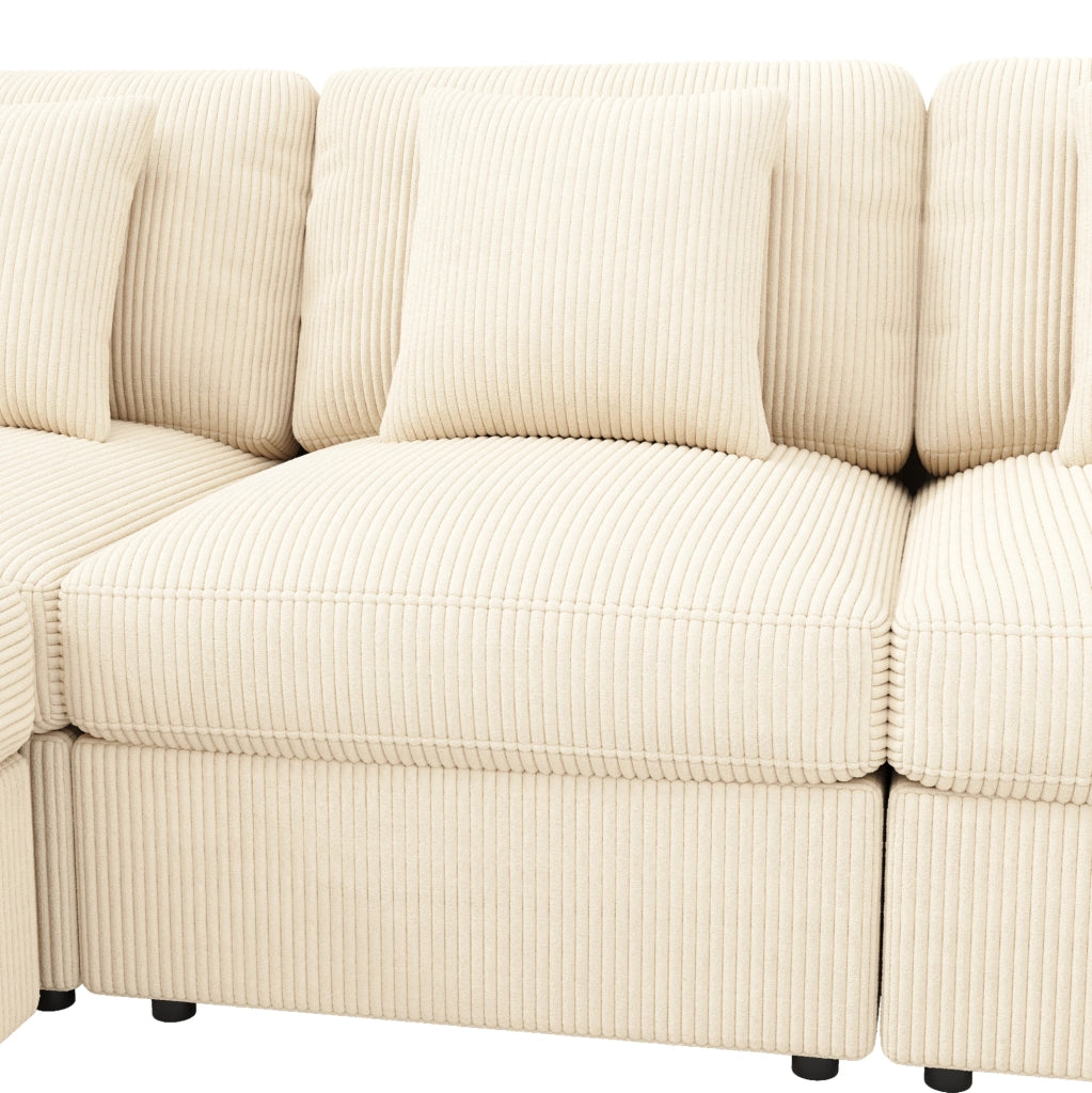 Divano angolare modulare a U in velluto a coste beige con pouf e braccioli regolabili
