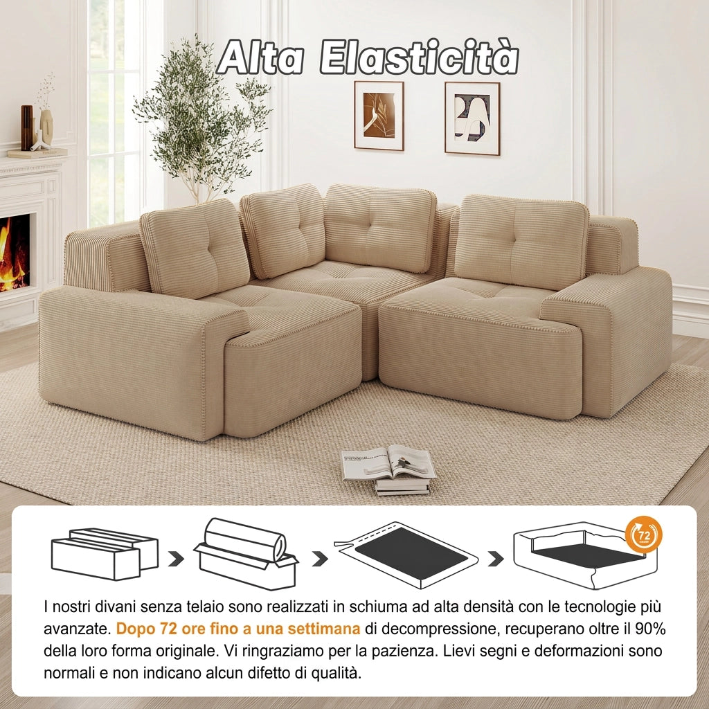 Divano angolare modulare 3 posti con pouf 297x177x69 cm; velluto a coste beige