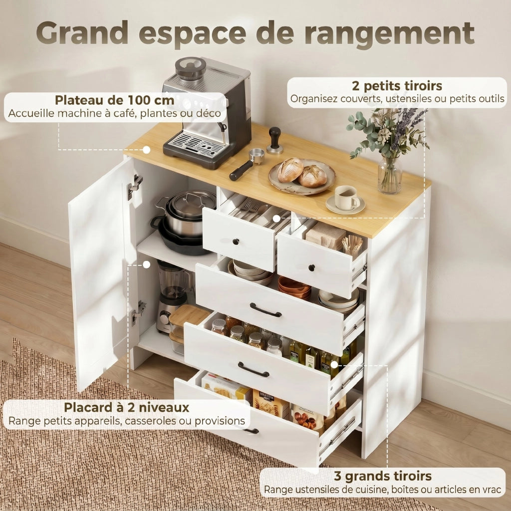 Credenza con 5 Cassetti e Anta Stile Rustico ¨C Xylo ¨C Bianco 100x40x94 cm