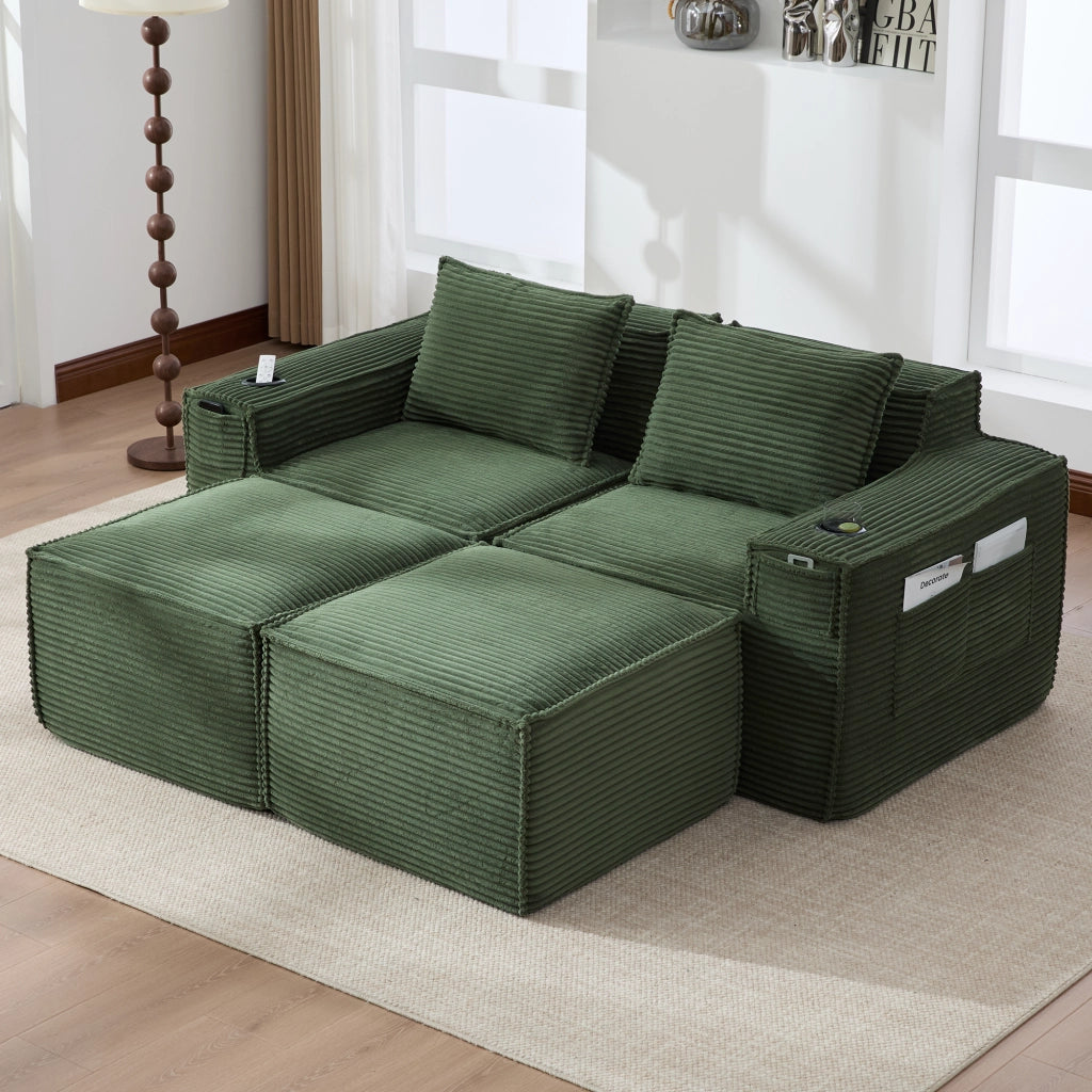 Divano modulare a 2 posti in tessuto effetto corda con portabicchieri e tasche laterali verde 188 × 162 × 75 cm