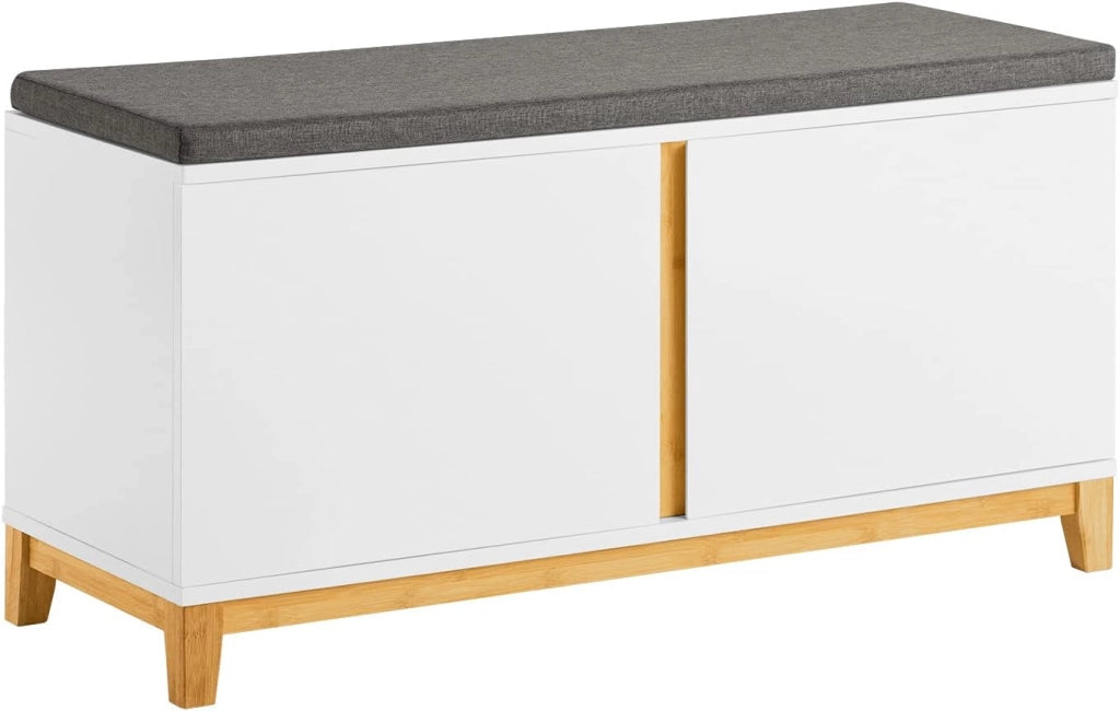 Panca Scarpiera Ingresso con Seduta, Cassapanca Contenitore da Interno con 2 Ante, in Legno ingegnerizzato + Bambù 90x34x46cm Bianco FSR117-W