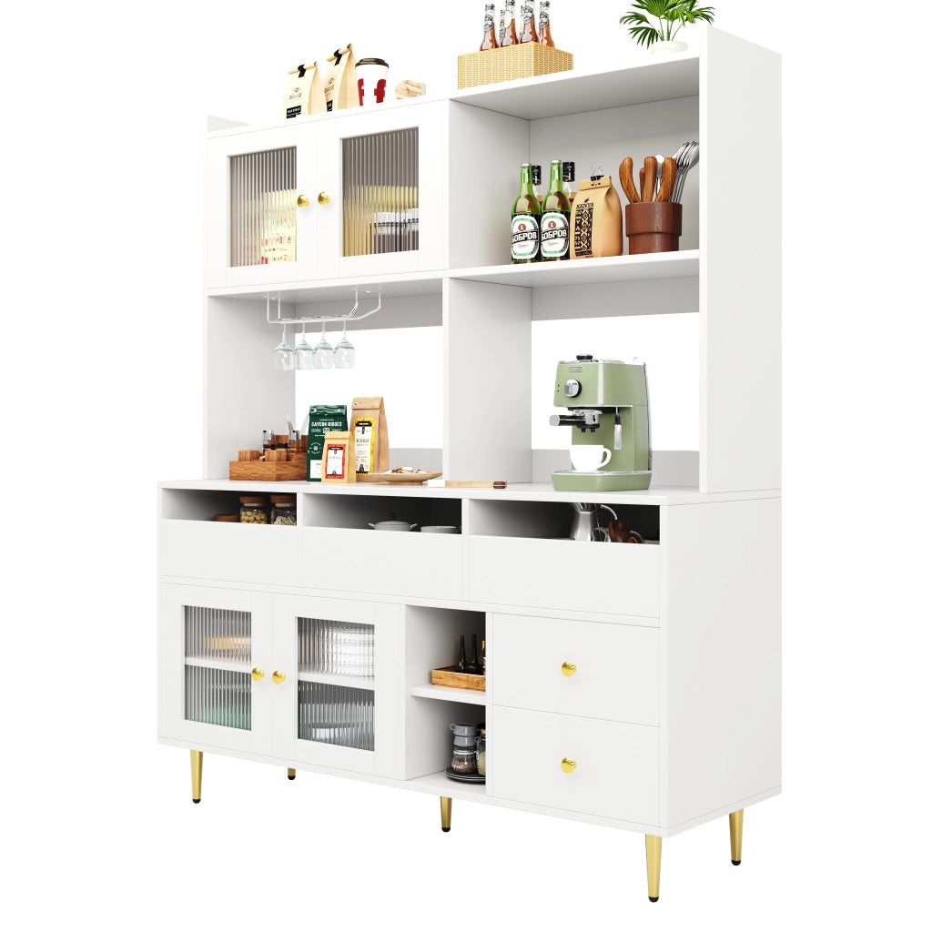 Credenza Alta da Cucina con Ante in Vetro Rigato; Cassetti e Portabottiglie; in MDF; 145x39x171 cm; Bianco