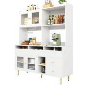 Credenza Alta da Cucina con Ante in Vetro Rigato; Cassetti e Portabottiglie; in MDF; 145x39x171 cm; Bianco