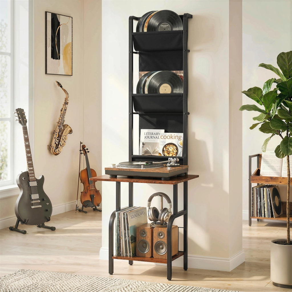 Libreria per CD e DVD con 3 tasche in tessuto e ripiano ¨C zephmum ¨C Legno effetto rustico marrone