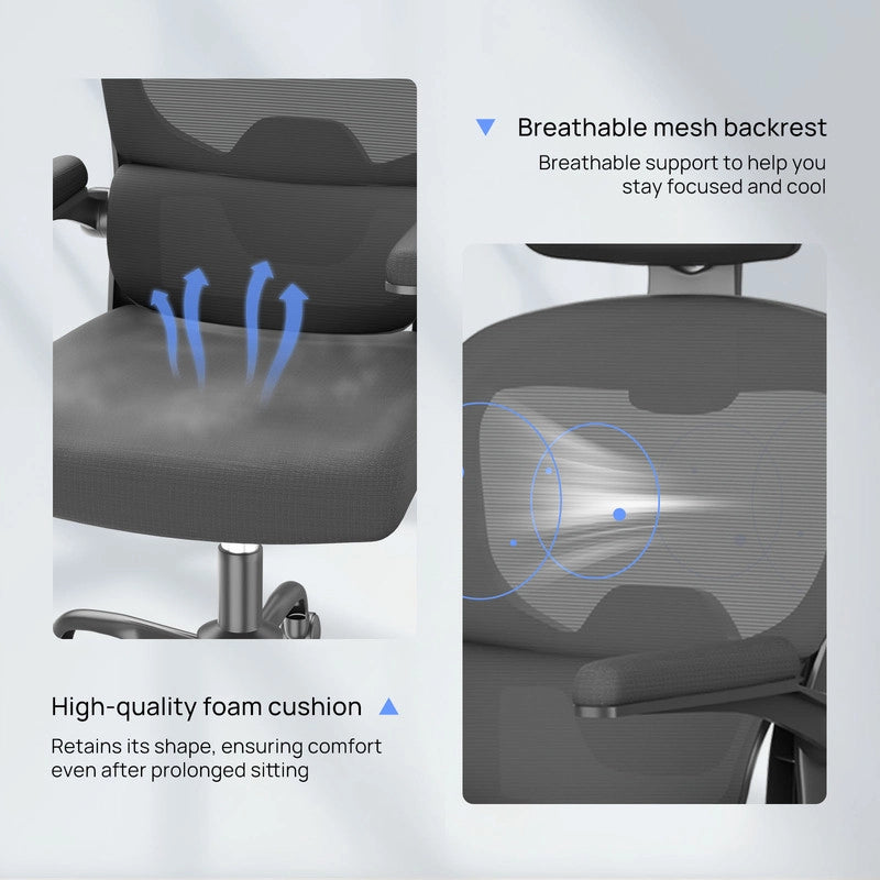 Sedia da ufficio ergonomica - Poltrona HAMLODY - con braccioli pieghevoli a 90° - Supporto lombare - Regolabile in altezza Nero