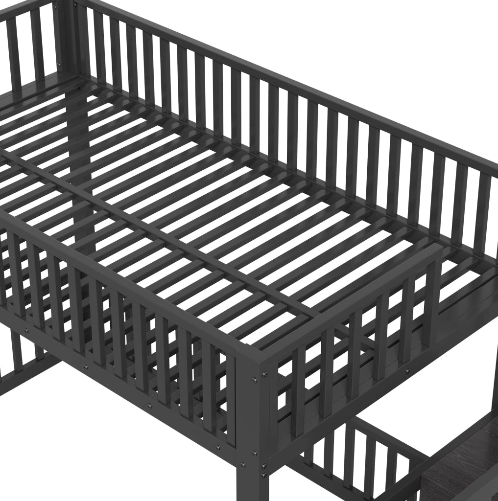 Letto a castello 90x200 cm con scala contenitore e illuminazione LED, nero