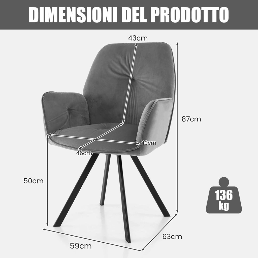 Set di 2 Sedia da Scrivania in Velluto, Poltrona Girevole a 360° con Gambe in Metallo e Piedini Antiscivolo, Schienale Largo e Braccioli Ergonomici, Portata 150 kg, 63 x 59 x 87 cm