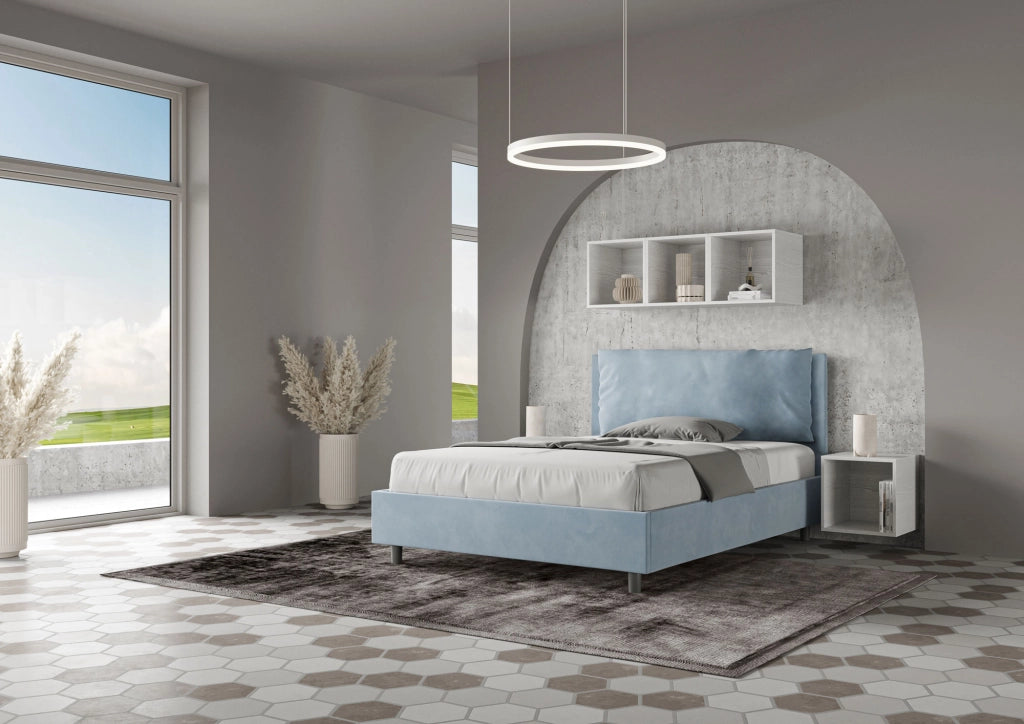 BS COM Letto matrimoniale francese senza rete imbottito 140x200 microfibra azzurro Large