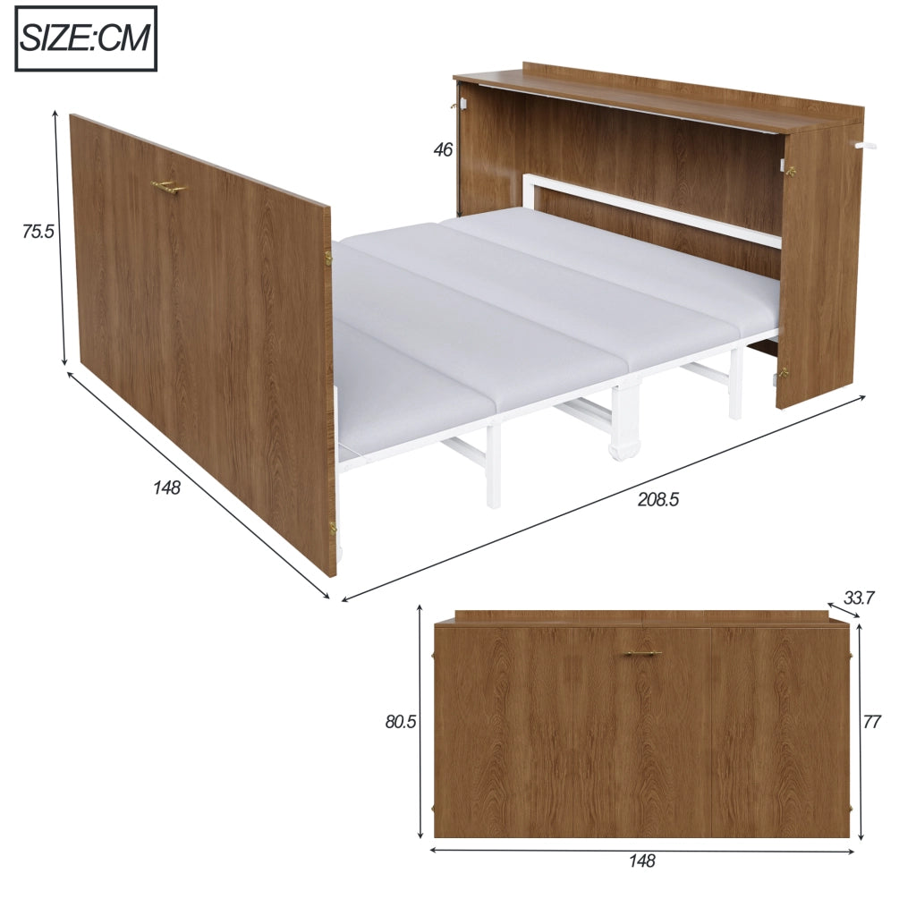 Letto a scomparsa 140 × 200 cm con materasso in lino, struttura in metallo e ruote silenziose, colore legno