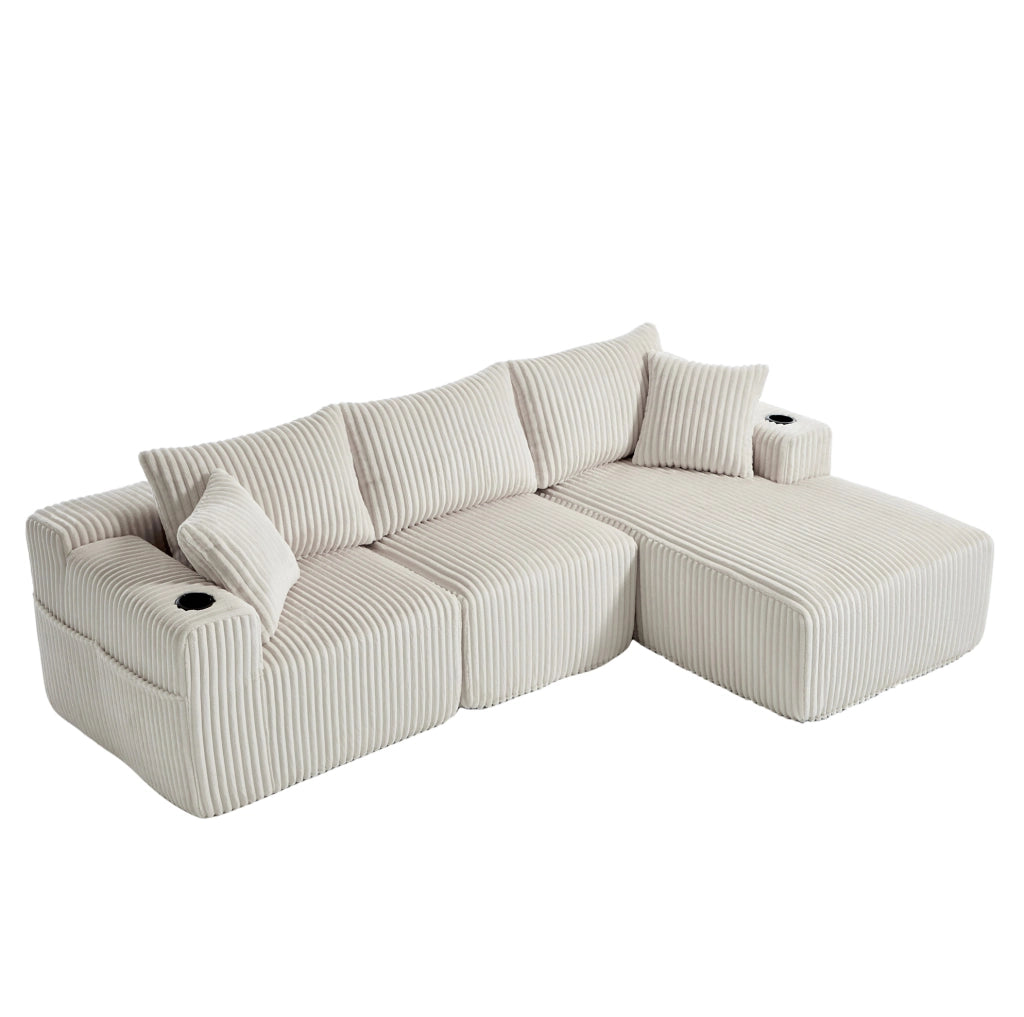 Divano modulare beige con penisola, velluto a coste, 5 cuscini e portabevande laterali