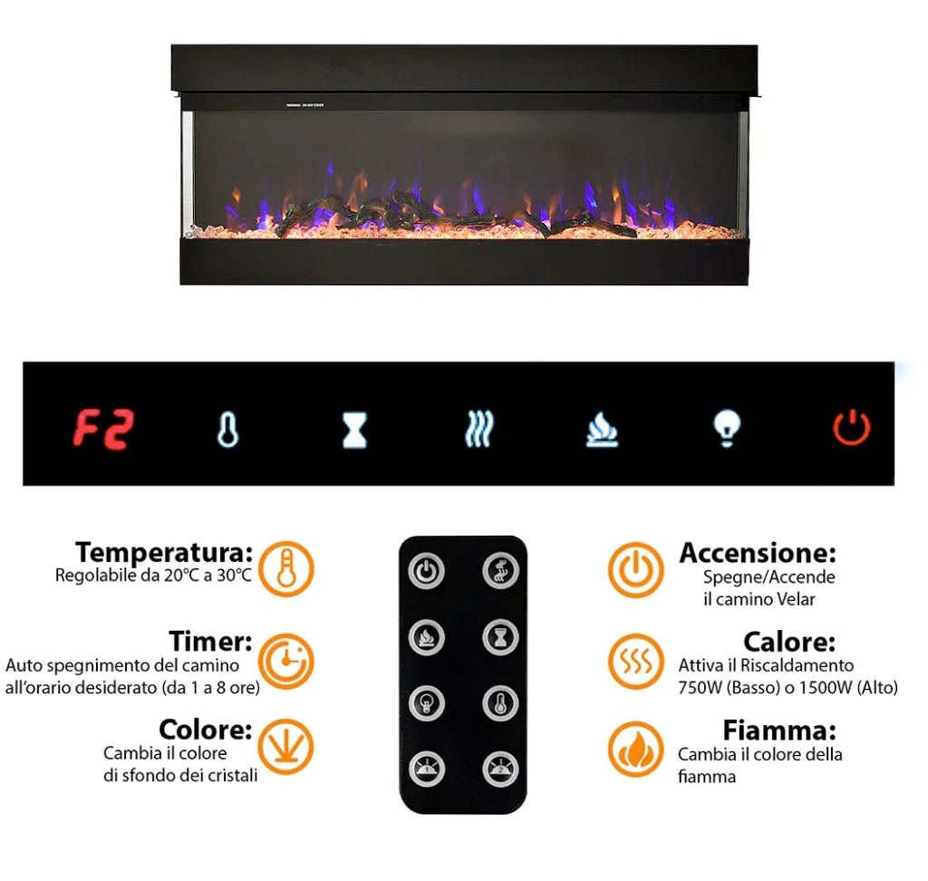 Caminetto elettrico ALARO NERO TEMPO STYLE con cornice di legno effetto fuoco 3 colorazioni 750 - 1.500 W