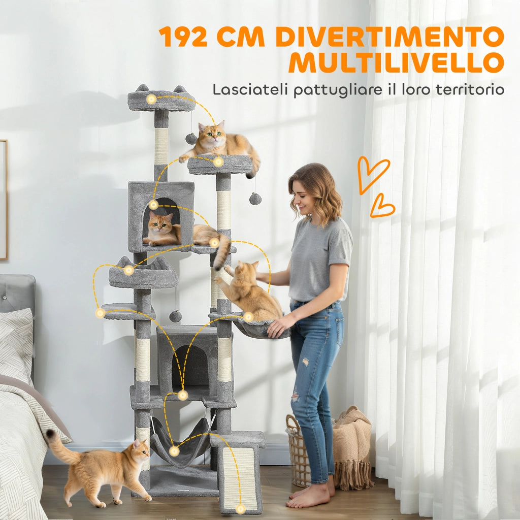 Albero Tiragraffi per Gatti 48x48x192 cm con Amache e Casette in Sisal e Peluche Grigio e Crema