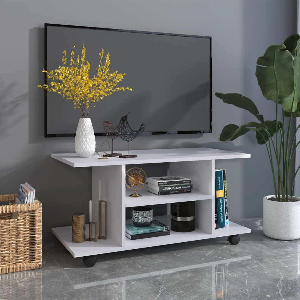 Mobile TV con ruote ¨C Xylo ¨C Legno bianco con ripiani, 80x40x40 cm