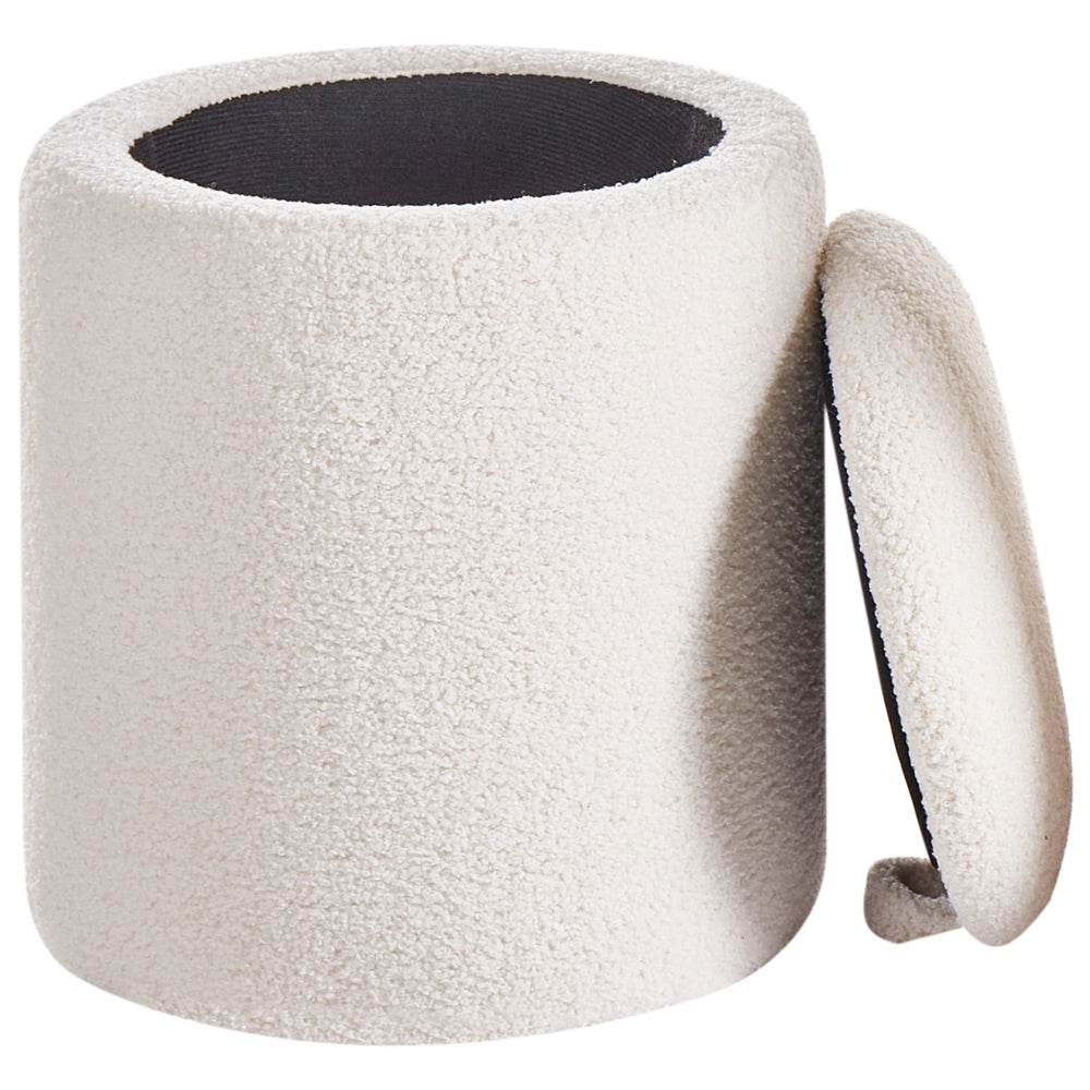Set di 2 pouf contenitore, rivestiti in tessuto bouclé bianco sporco design rotondo e imbottito Ottomani moderni