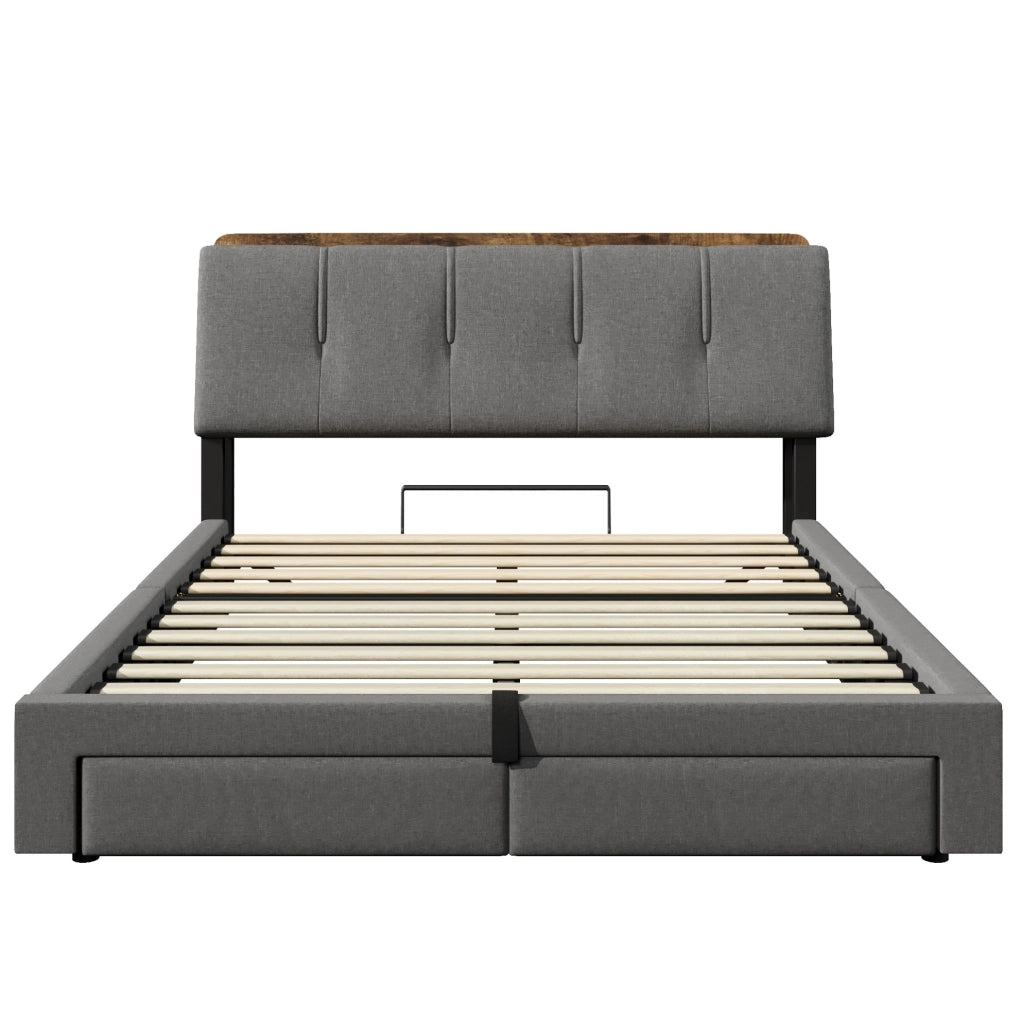 Letto imbottito 140x200 cm in lino grigio con contenitore idraulico; USB-C e LED