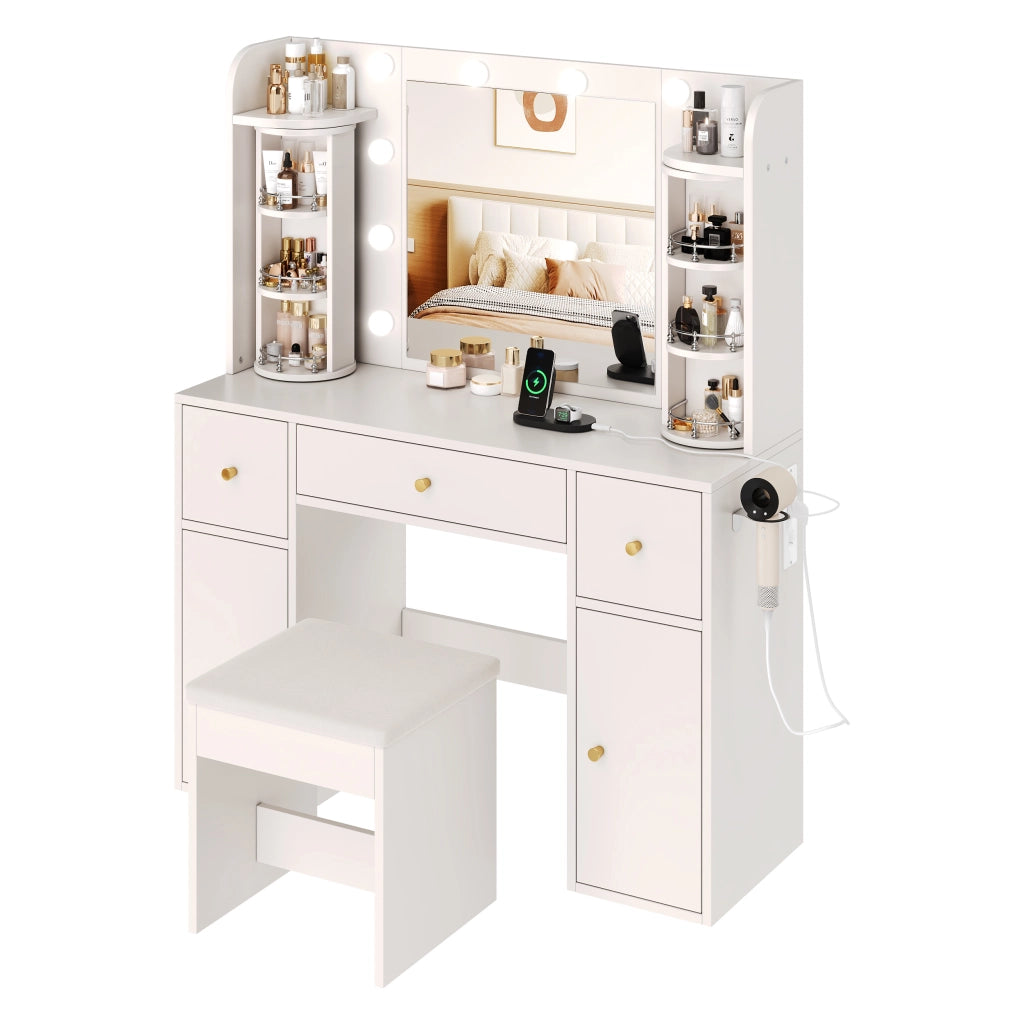Toeletta con specchio LED dimmerabile; organizer girevole e USB-C; 115x40x142 cm; bianca