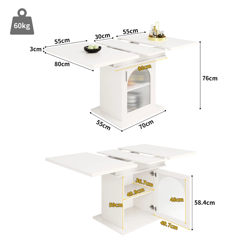 Tavolo da pranzo allungabile per 6-8 persone con 3 ripiani e ante in vetro, in MDF e vetro, bianco, 110 × 80 × 76 cm