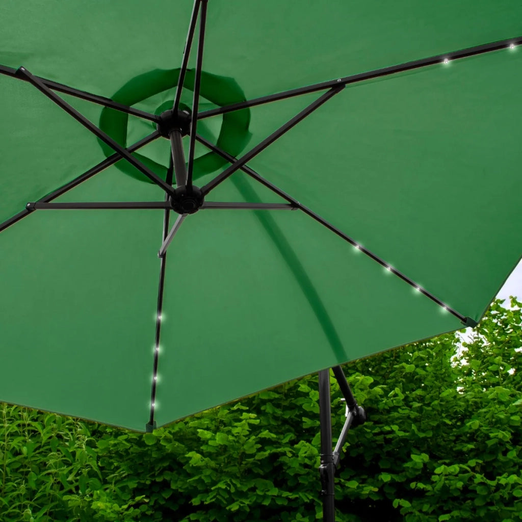 Ombrellone da Giardino Decentrato 3x3m 24 LED Solari & Base Quadrata - Verde