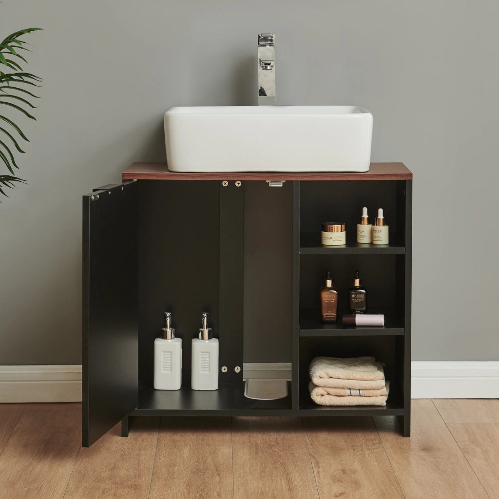 Mobile Sottolavabo Trond con Anta e 3 Vani Aperti 60 x 66 x 30 cm - Nero / Effetto Noce [en.casa]