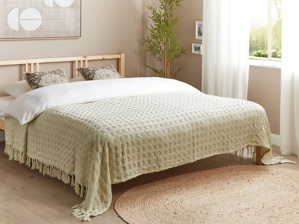 Copriletto in tessuto di cotone bianco sporco 220 x 240 cm con frange Coperta decorativa Biancheria da letto design classico Camera da letto