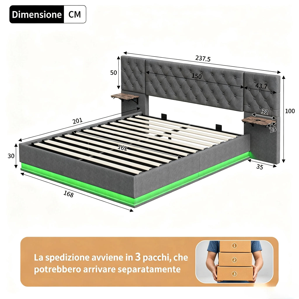 Letto matrimoniale 160x200 cm con contenitore LED USB ricarica wireless testiera con mensole rete a doghe legno metallo lino - beige