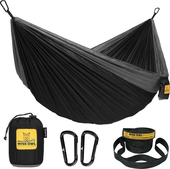 Hangmat estensibile all'aperto per 2 persone - Raccordo in fibra di riso ultraleggero - Sostegno fino a 226 kg - Accessori campeggio - Incluso: attacco e gancio di sicurezza (nero e grigio)