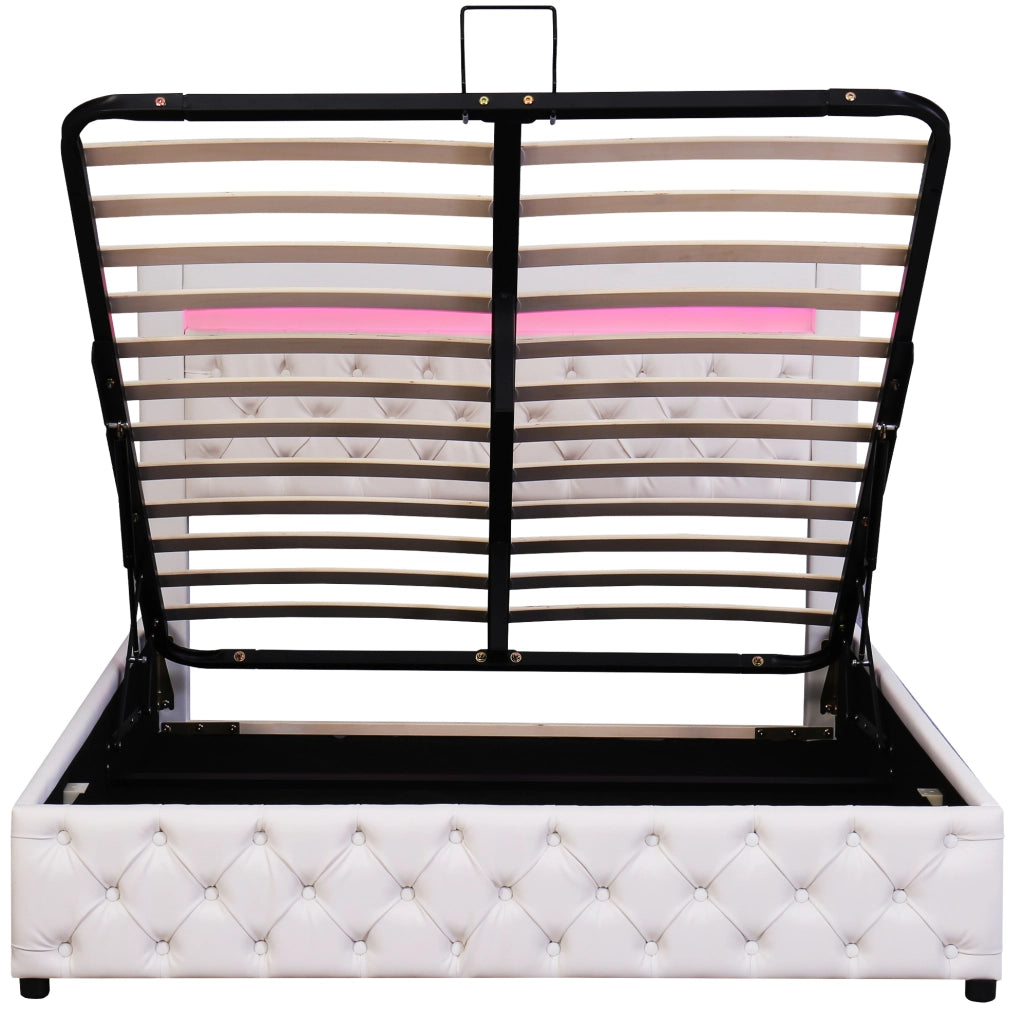 Letto imbottito 140x200 cm con contenitore; LED; rete a doghe; PU bianco