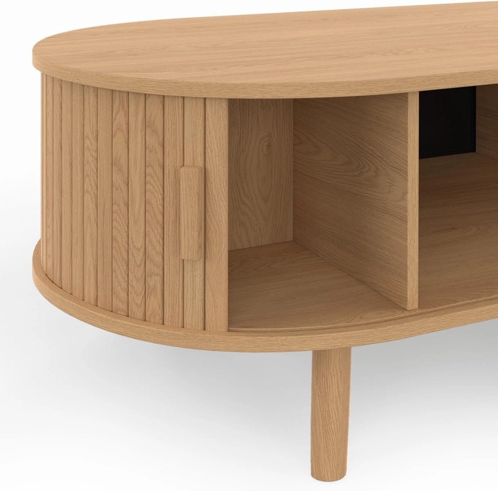 Tavolino ovale ROMIE, 100 cm, 2 ante scorrevoli, doghe in legno color rovere