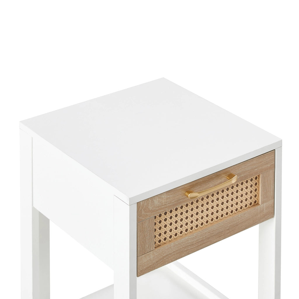 TAVOLINO NOTTE con cassetto 55x40x40 cm MDF bianco/naturale effetto rattan