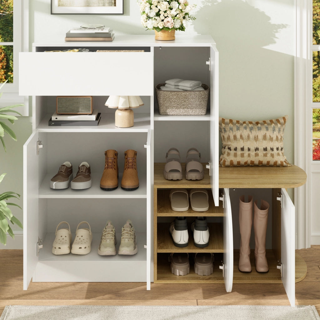 Mobile scarpiera con panca, 1 cassetto, 5 ante e vano aperto, per ingresso, in MDF, bianco, 130 × 35 × 110,5 cm