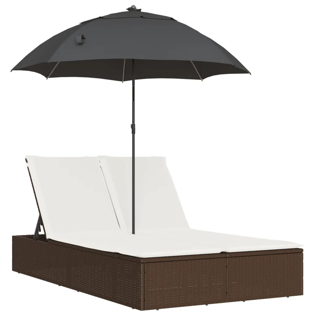 Lettino Prendisole | Sdraio da giardino | Lettino da sole Doppio Cuscini e Parasole Marrone Polyrattan