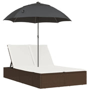 Lettino Prendisole | Sdraio da giardino | Lettino da sole Doppio Cuscini e Parasole Marrone Polyrattan